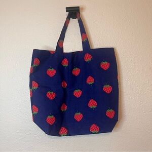 Handmade Vintage Strawberry Print Blue Market Tote Bag